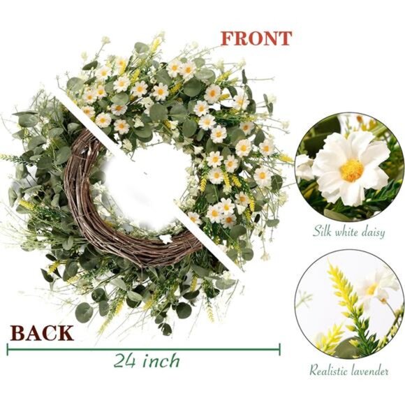 White Daisy Wreath 24 Inch Spring Summer Wreath Fake Silk Floral Wreath - Picture 7 of 8